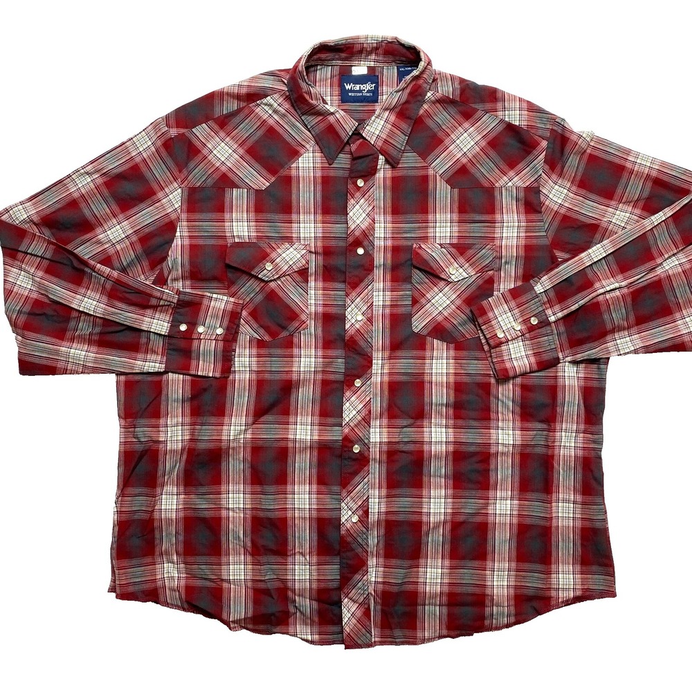 Wrangler Western Shirt Mens 2XL Red Long Sleeve Plaid Pearl Snap Button Up